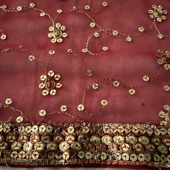 Bollywood Sheer Maroon Embroidered Sequin Scarf 34” X 76” From India - Picture 4 of 10